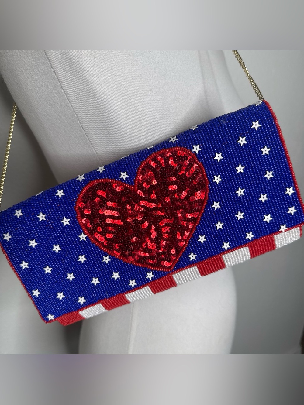 Beaded Patriotic Heart Crossbody Clutch - Blue Red White